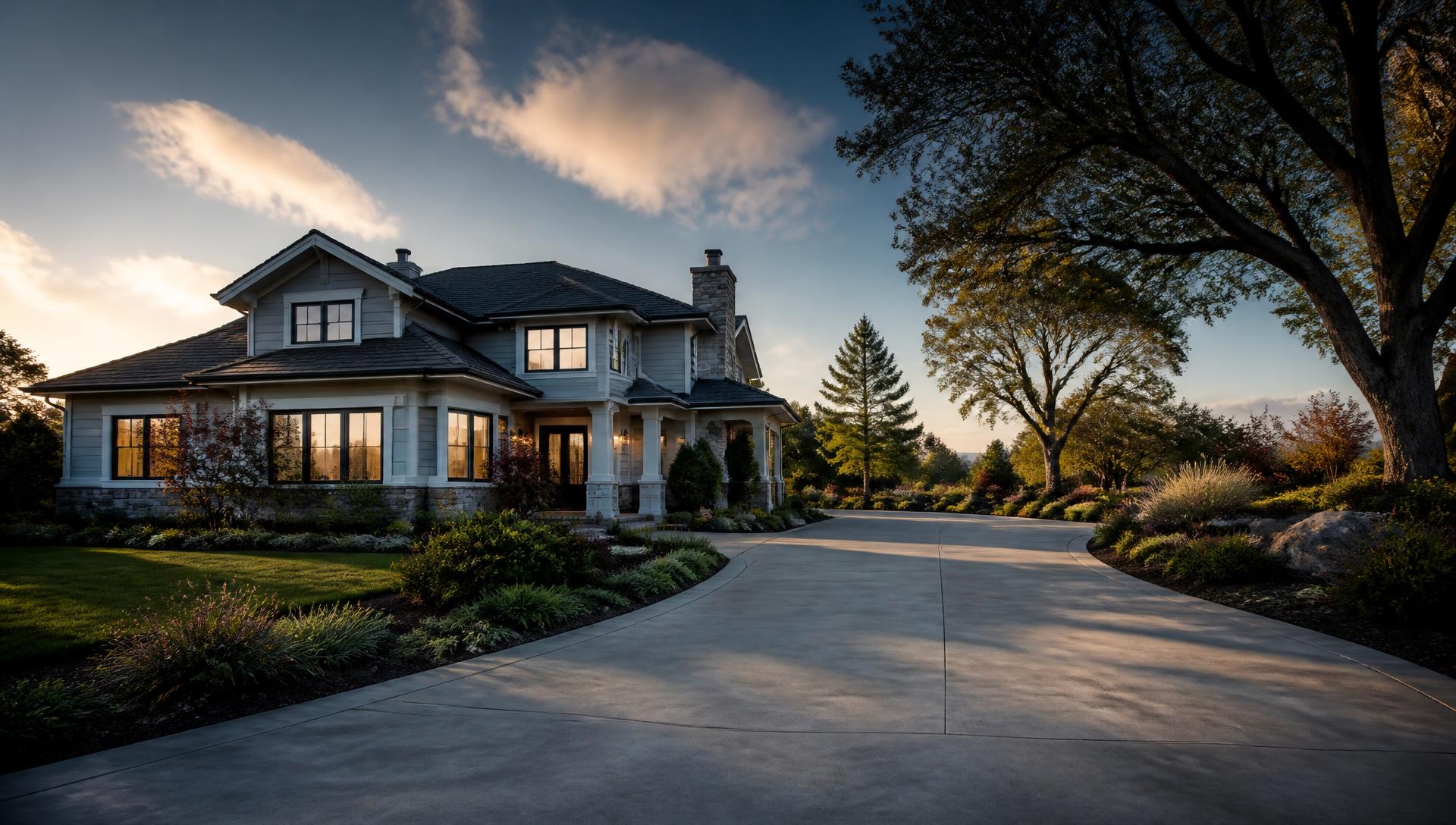 Bay Area home at golden hour with a clean driveway