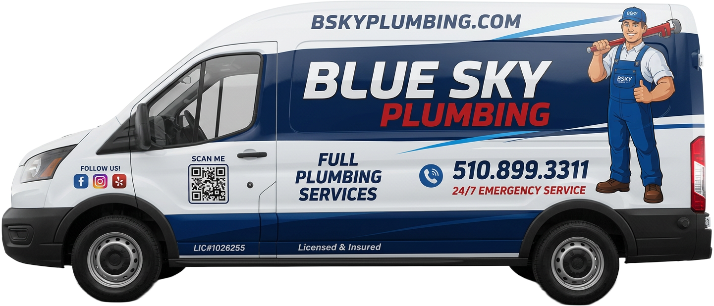 Blue Sky Plumbing wrapped service van arriving in the driveway